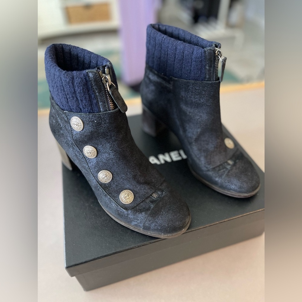 CHANEL Black and Blue Ankle Boots